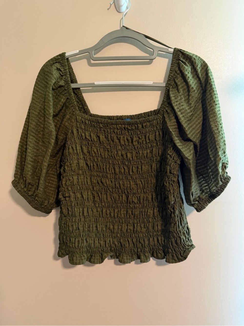 Old Navy Olive Green Smocked Puff-Sleeve Crop Top